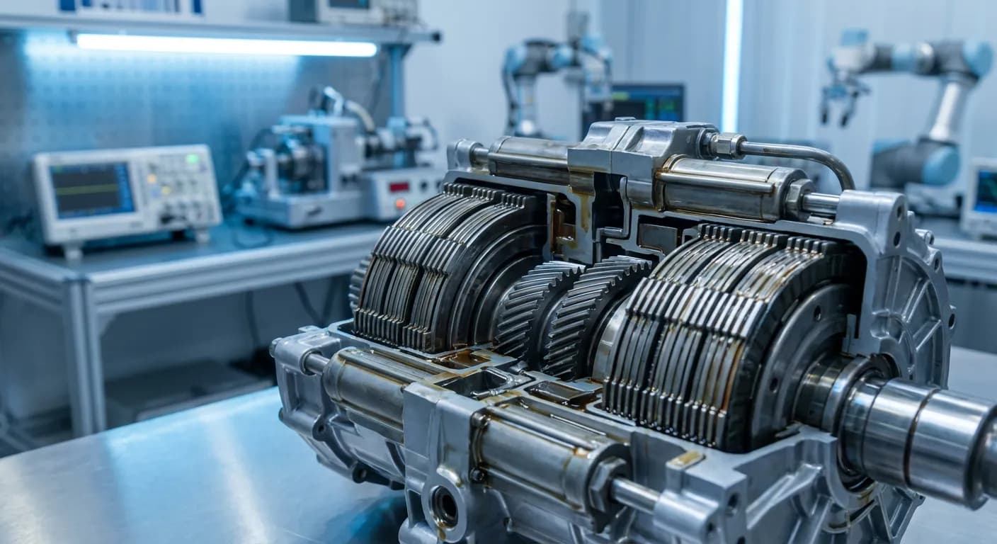 Vue macro détaillée du mécanisme interne d'une boîte à double embrayage