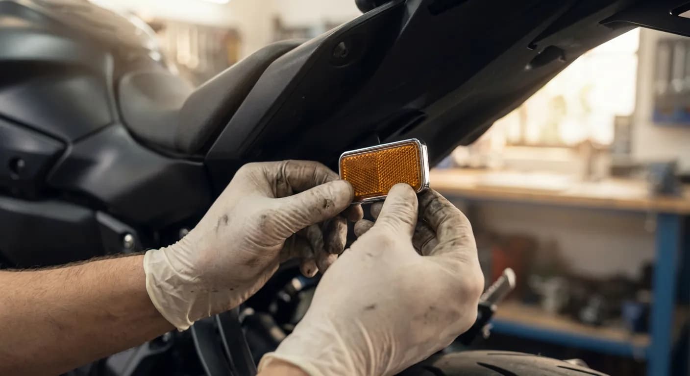 Installation d'un nouveau catadioptre latéral sur une moto par un mécanicien professionnel