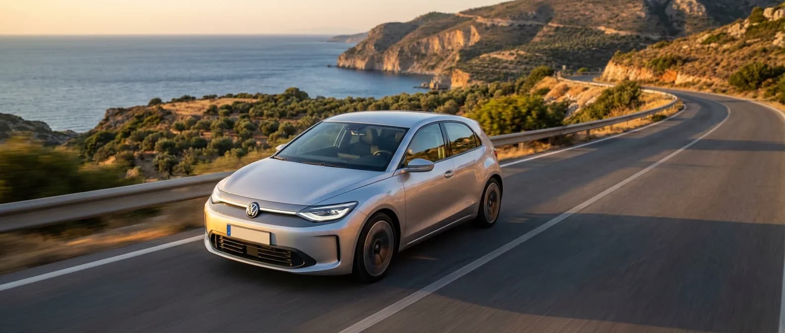 Voiture compacte moderne roulant sur une route côtière au coucher du soleil, guide 2025