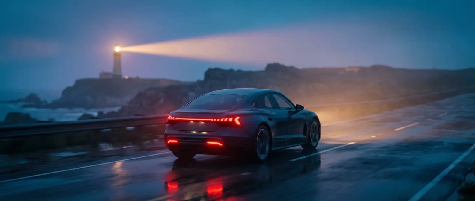 Gros plan cinématique de catadioptres arrière sur une voiture de luxe sur une route mouillée au crépuscule