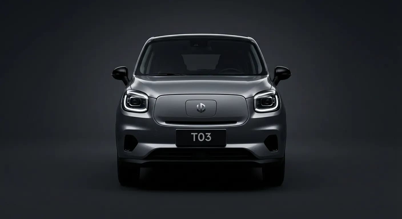Profil avant de la Leapmotor T03 en studio avec éclairage contrasté.