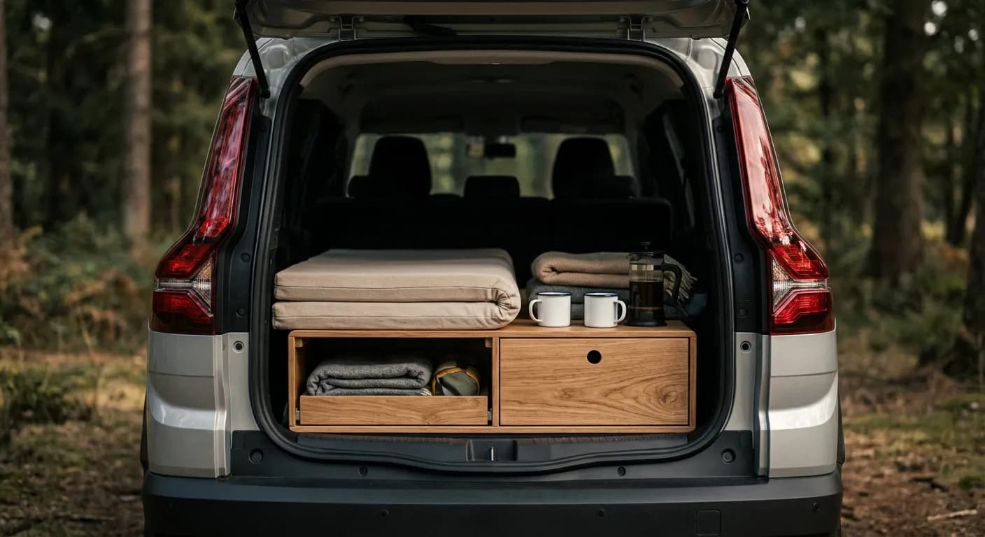 Vue arrière du kit de couchage dans une Dacia Jogger, design épuré.
