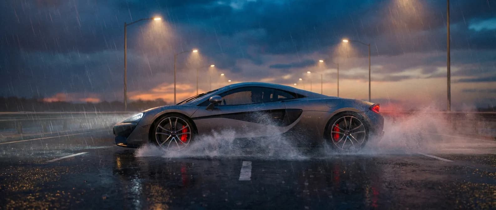 Voiture de sport freinant d'urgence sur une route mouillée avec système ABS actif