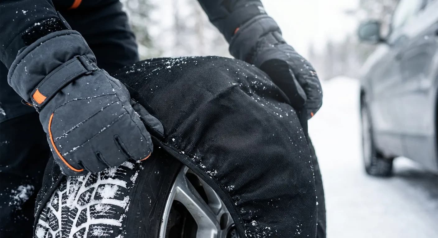 Mains installant facilement une chaussette à neige sur un pneu de voiture sous la neige.
