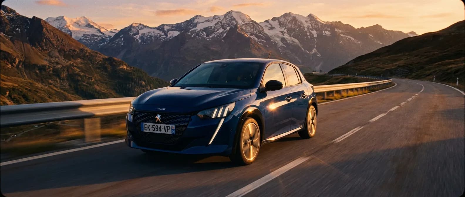 Peugeot 208 bleue roulant sur une route de montagne au coucher du soleil