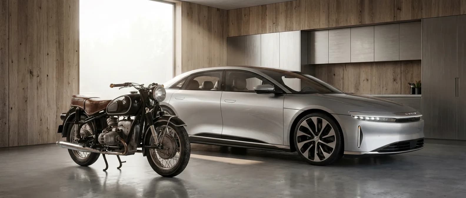 Comparaison entre une berline moderne et une moto dans un garage design