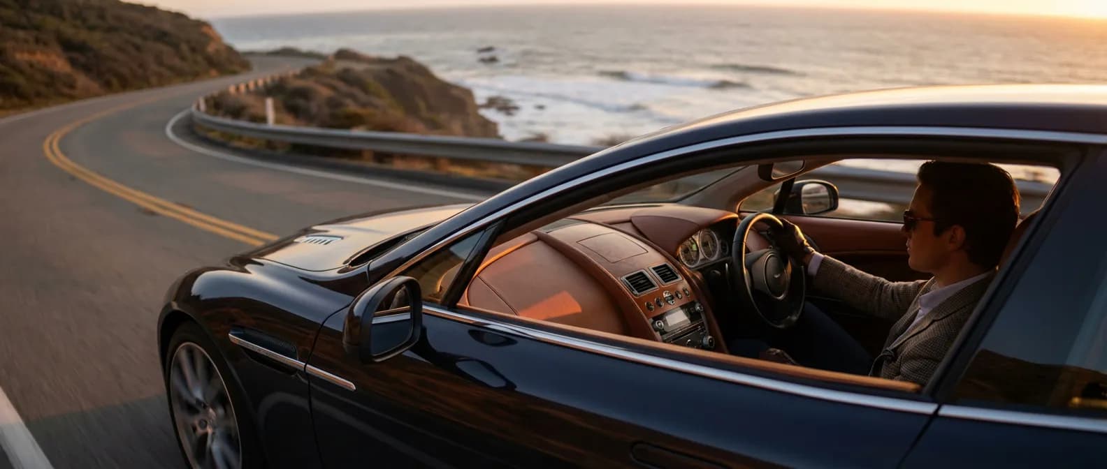 Un conducteur expérimenté au volant d'une voiture de luxe sur une route côtière au coucher du soleil
