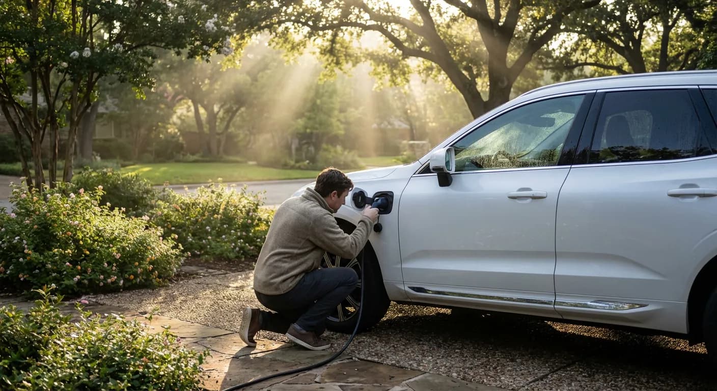Recharge d'une voiture hybride économique dans un quartier résidentiel