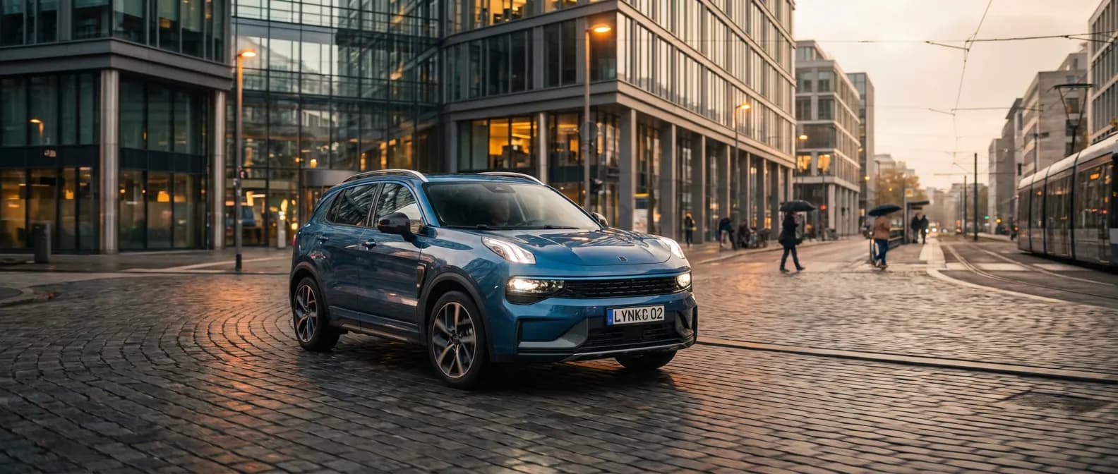 Vue d'ensemble cinématographique de la nouvelle Lynk & Co 02 circulant dans un quartier moderne au crépuscule