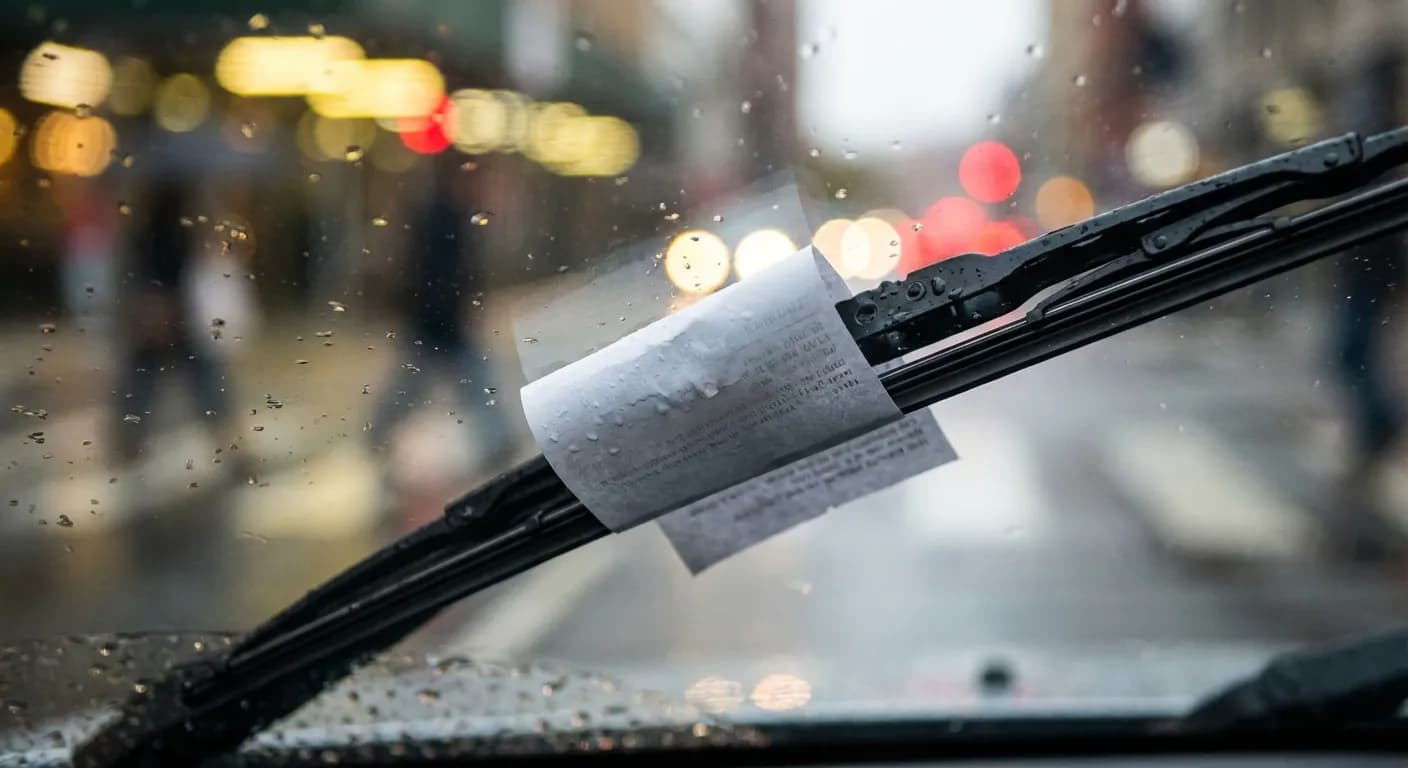 Sanzioni e multe per circolazione in senso vietato Procès-verbal de contravention sur le pare-brise d'une voiture en ville.