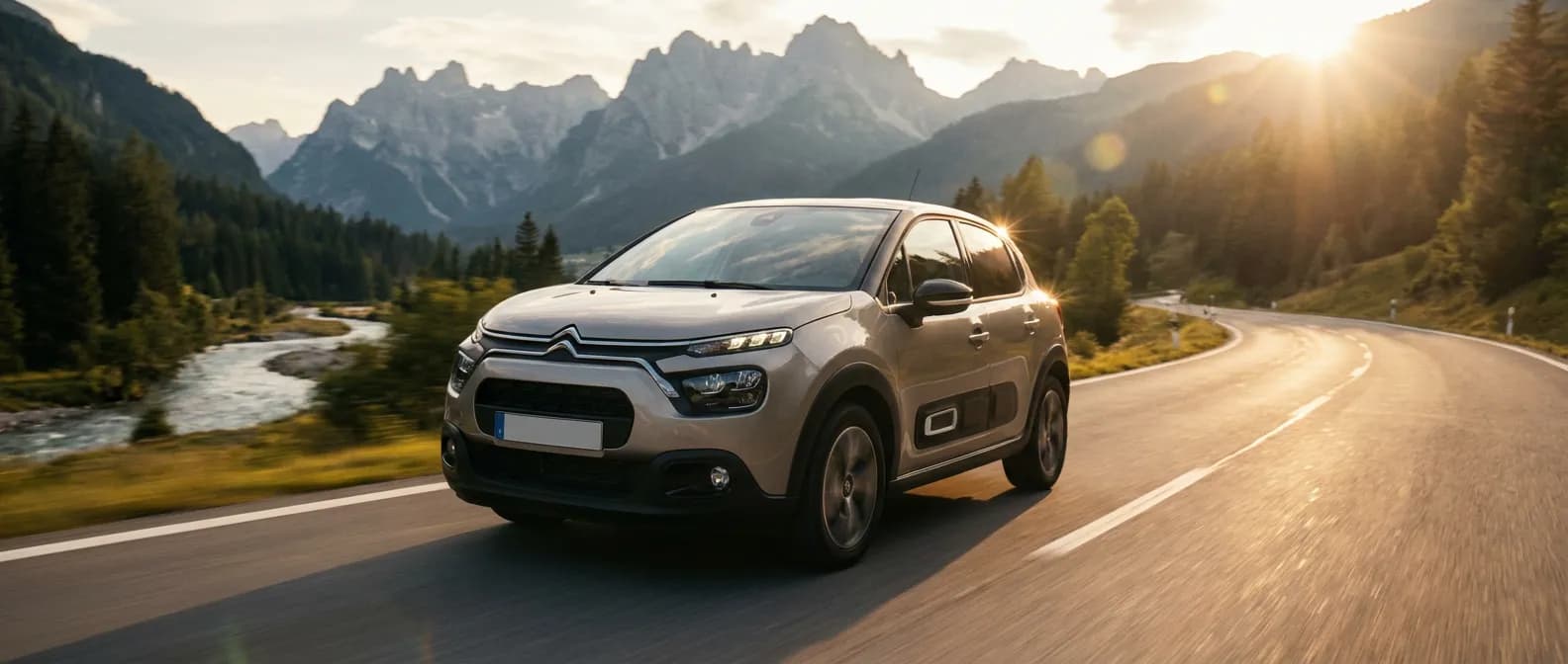 Citroën C3 1.2 Essence en mouvement Une Citroën C3 circulant sur une route de montagne au coucher du soleil, style cinématographique.