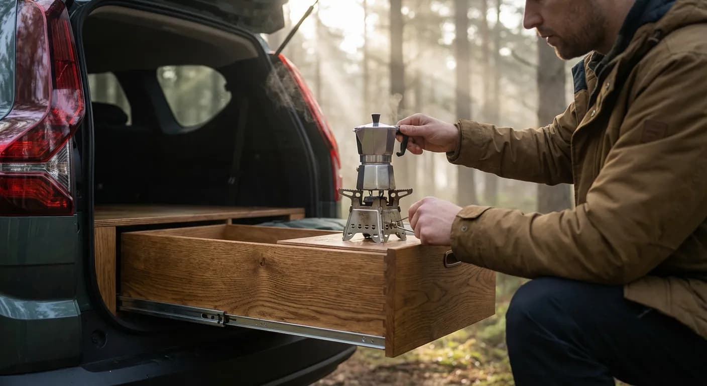 Le confort du Pack Sleep InNature Détail du Pack Sleep officiel Dacia InNature avec réchaud de camping en forêt.