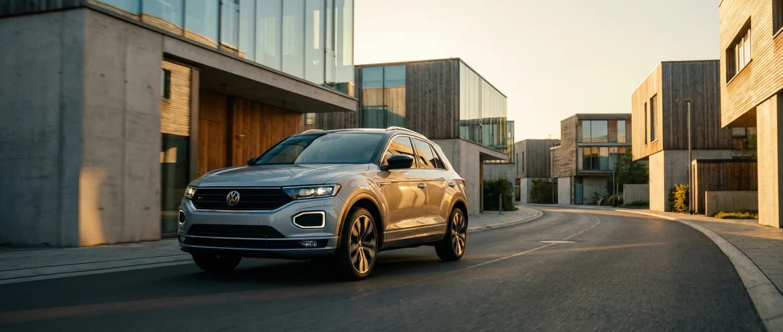 L'élégance dynamique du Volkswagen T-Roc R-Line Plus Volkswagen T-Roc R-Line Plus circulant dans un quartier moderne au coucher du soleil.