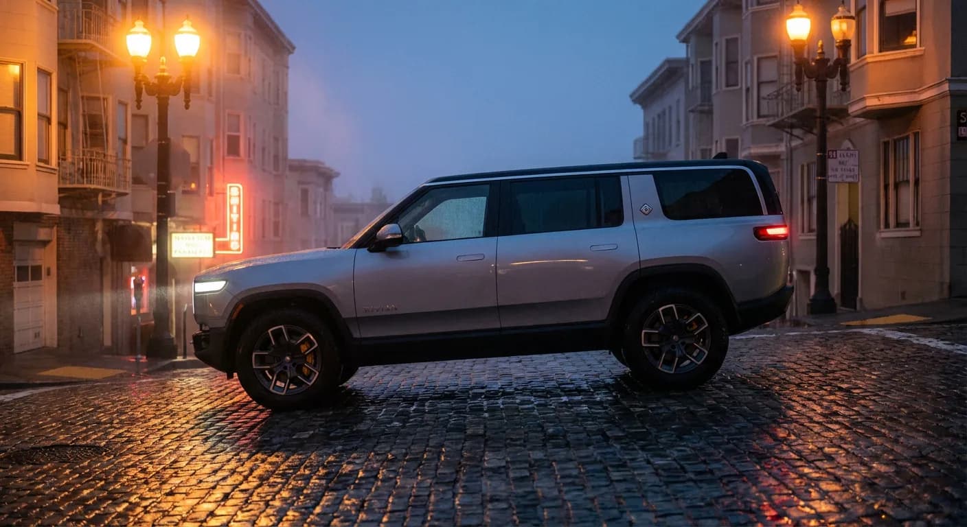 Stationnement en pente et sécurité mécanique Voiture garée sur une route en pente raide illustrant les risques de la position P