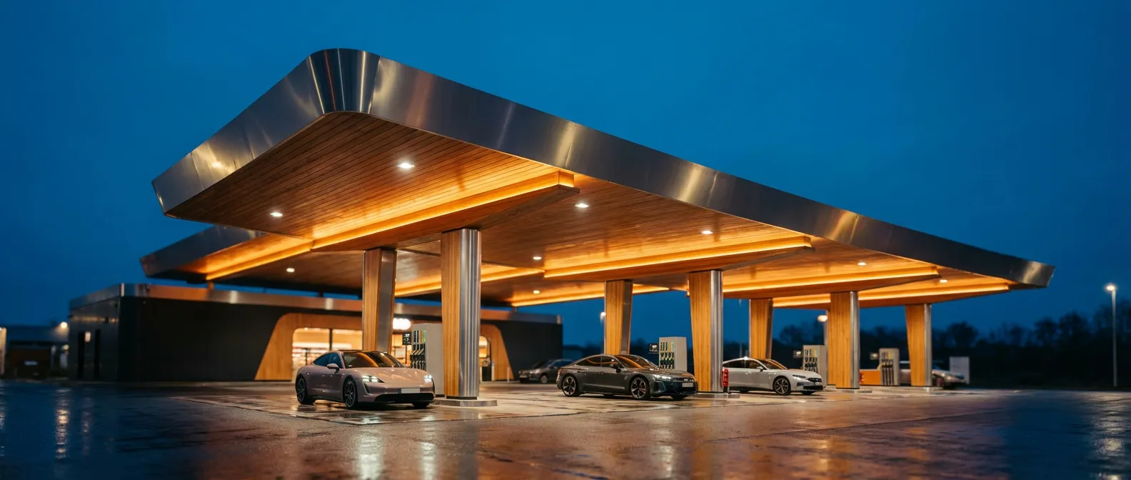 Vue cinématique d'une station-service moderne haut de gamme au crépuscule