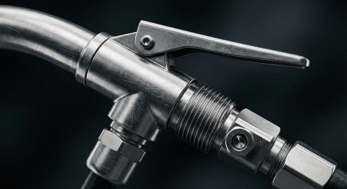 Gros plan minimaliste d'un pistolet de remplissage GPL en métal poli.