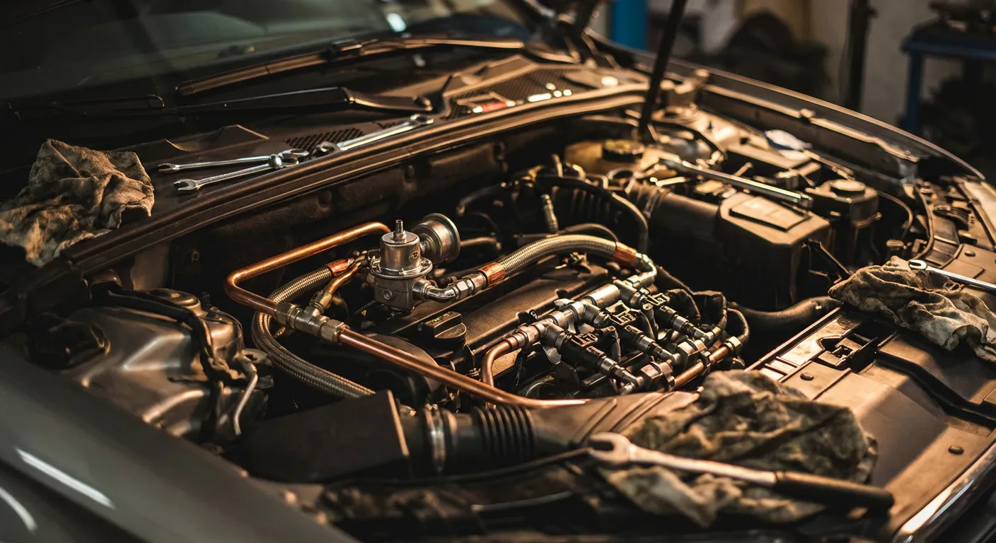 Maintenance d'un moteur équipé d'un système GPL professionnel dans un atelier.