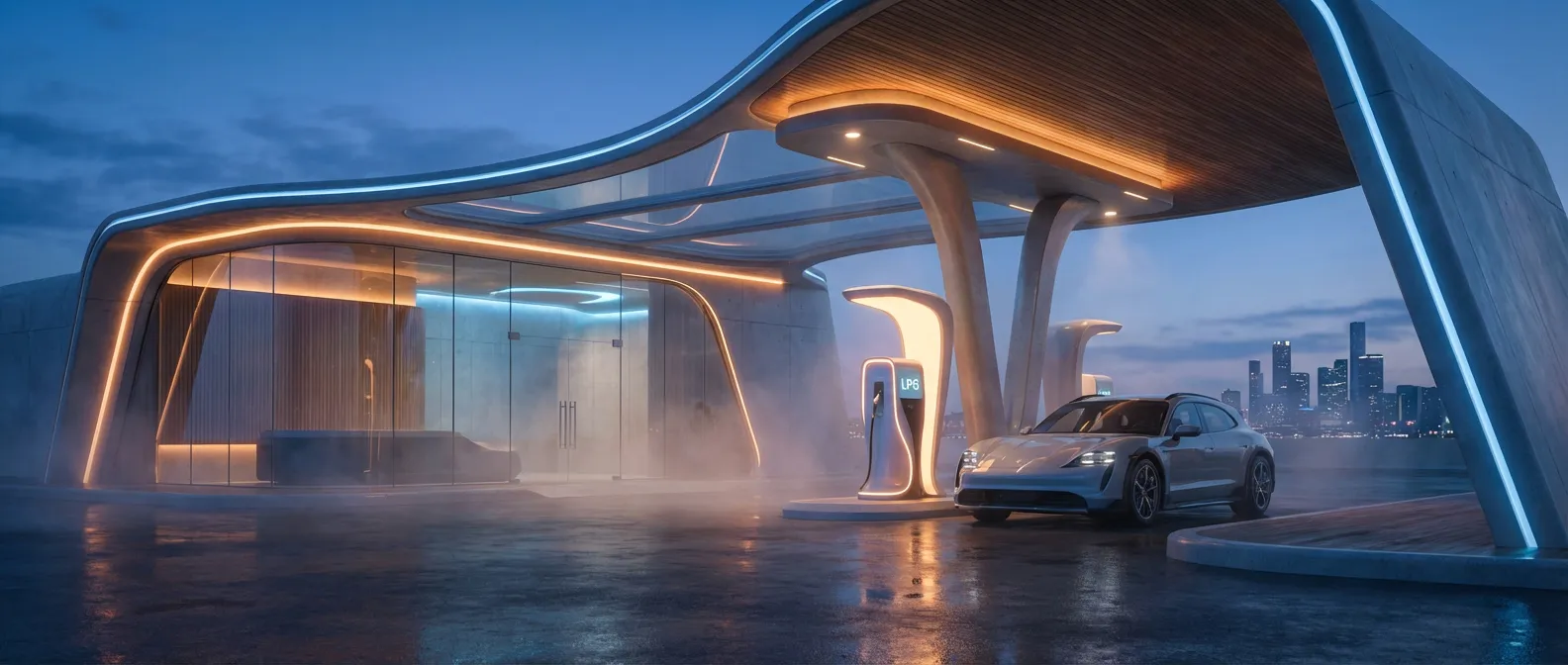 Vue cinématographique d'une station-service GPL moderne au crépuscule avec une voiture haut de gamme.