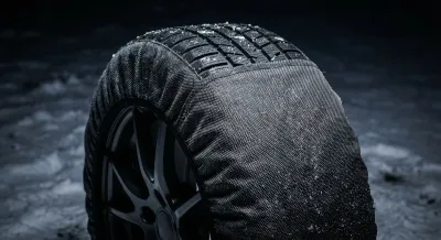 Gros plan minimaliste d'une roue avec chaussette neige homologuée.