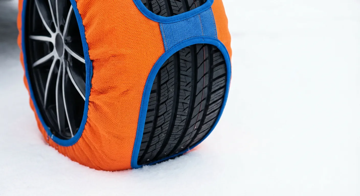 Gros plan minimaliste d'une chaussette à neige textile sur un pneu.