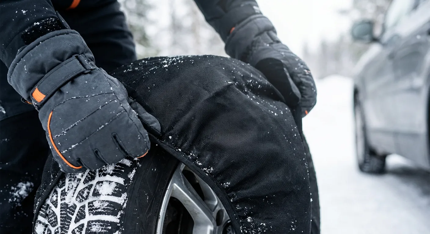 Mains installant facilement une chaussette à neige sur un pneu de voiture sous la neige.