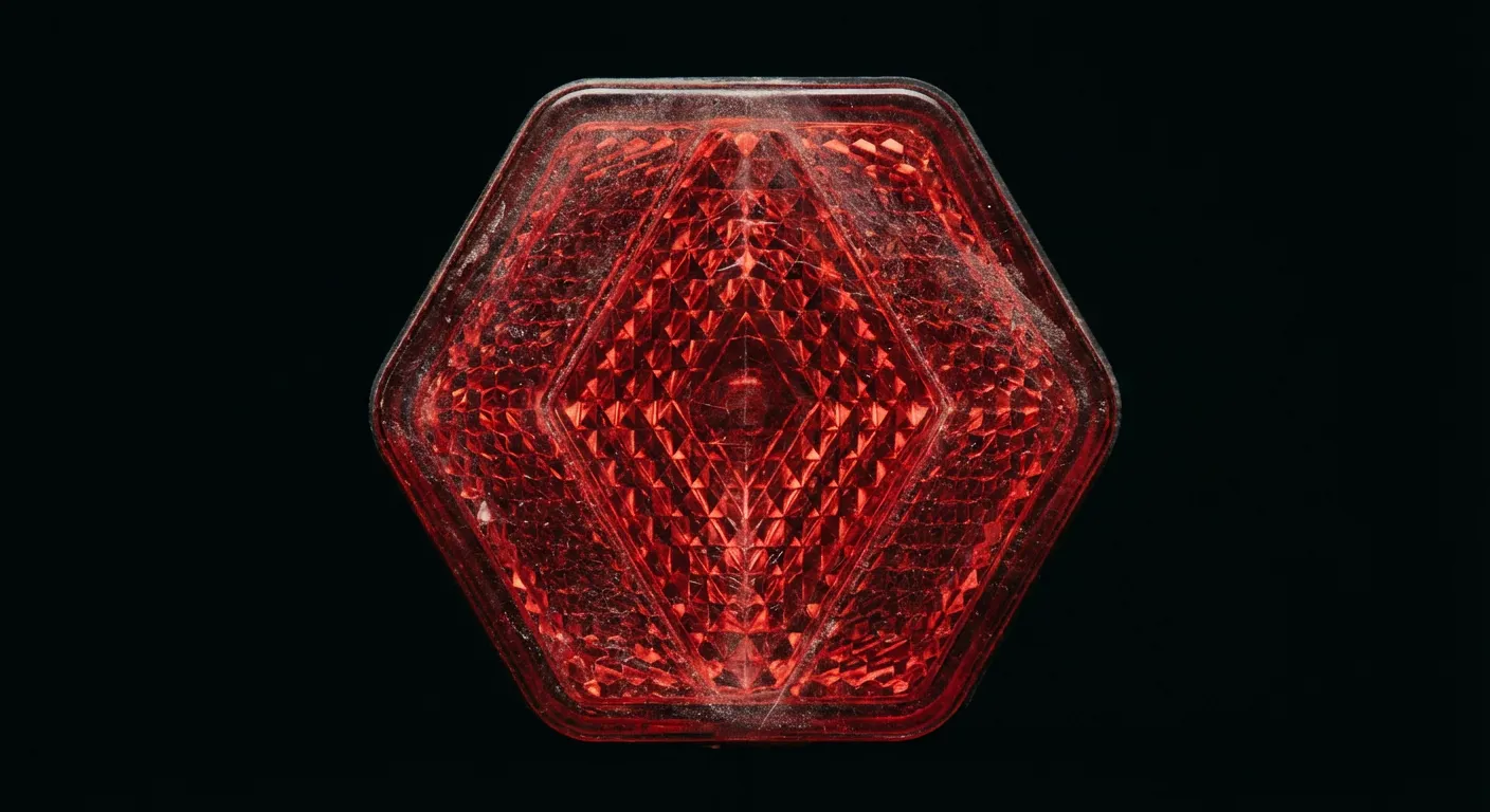 Détail macro d'un catadioptre rouge de forme hexagonale sur fond noir