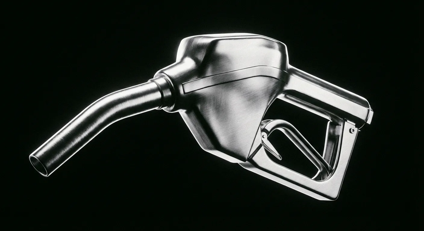 Gros plan iconique d'un pistolet à essence chromé sur fond sombre, symbolisant la consommation.