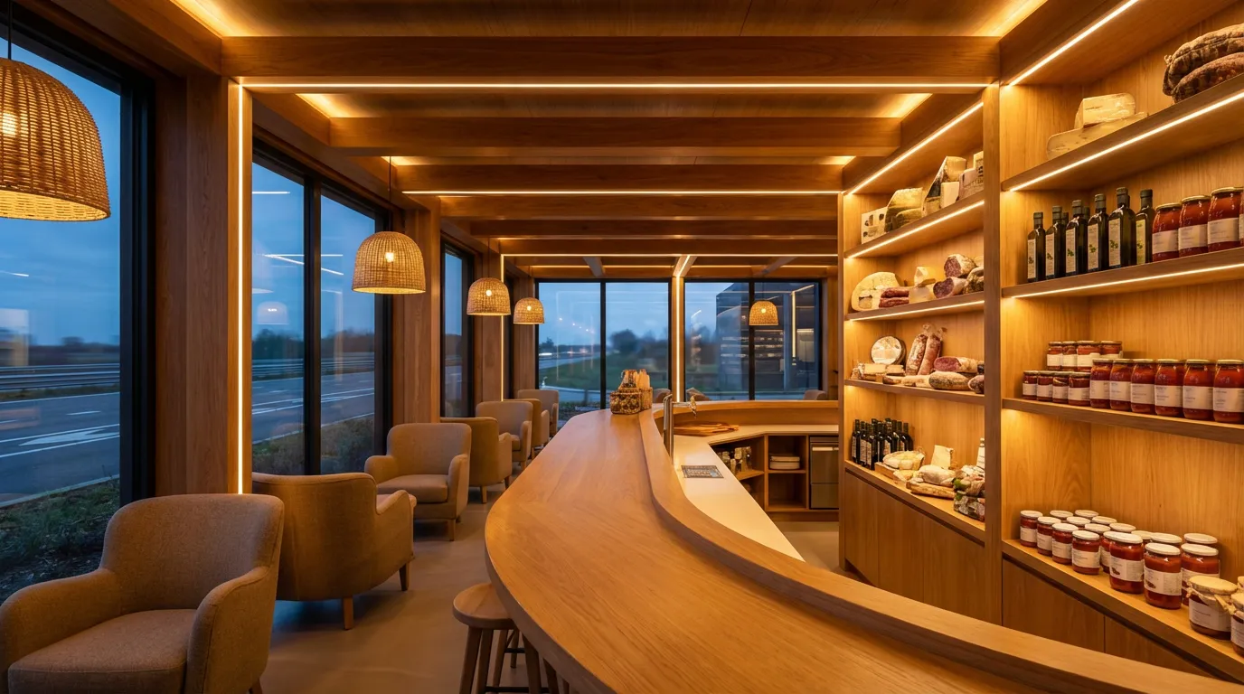 Espace restauration et market Eni Live Intérieur haut de gamme d'un espace de restauration et marché Eni Live sur l'autoroute