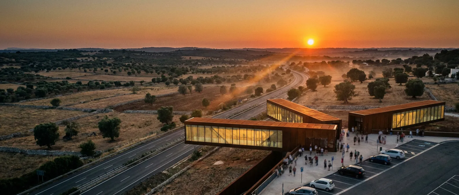 Station-service Eni Murge Est à l'heure dorée Vue panoramique cinématographique d'une aire de repos moderne dans les Murge au coucher du soleil avec un paysage des Pouilles