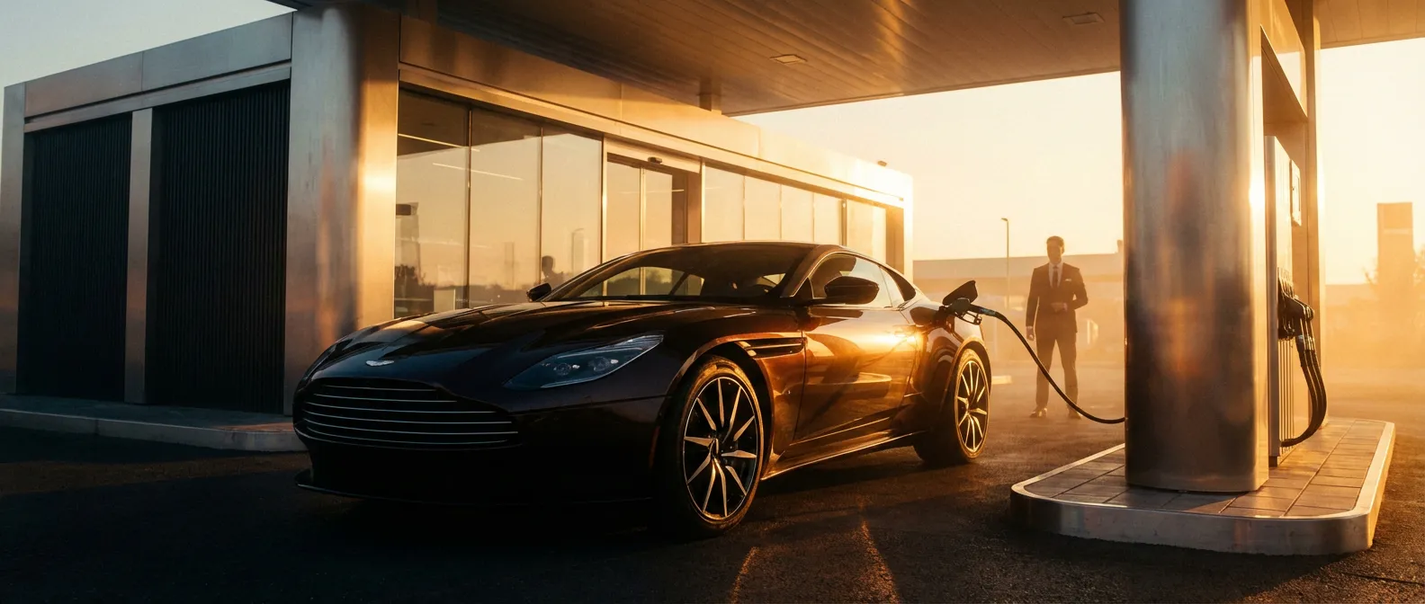 Une voiture de luxe se ravitaillant dans une station Madogas moderne au coucher du soleil