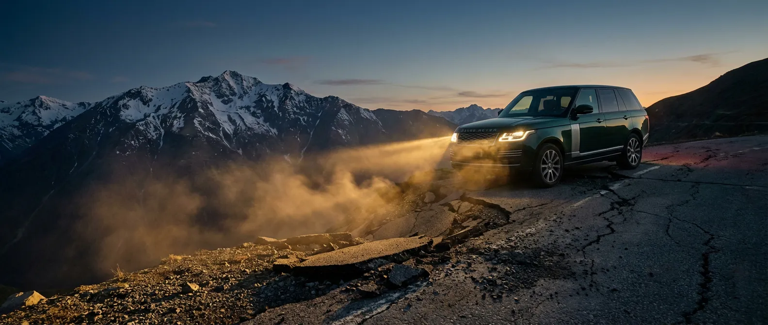 Danger des banchines cedevoli en bord de route Banchine cedevoli sur une route de montagne au crépuscule