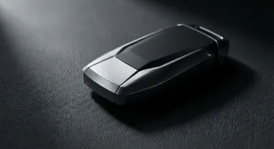 Gros plan d'une clé de voiture sur cuir noir pour illustrer la garantie occasion.