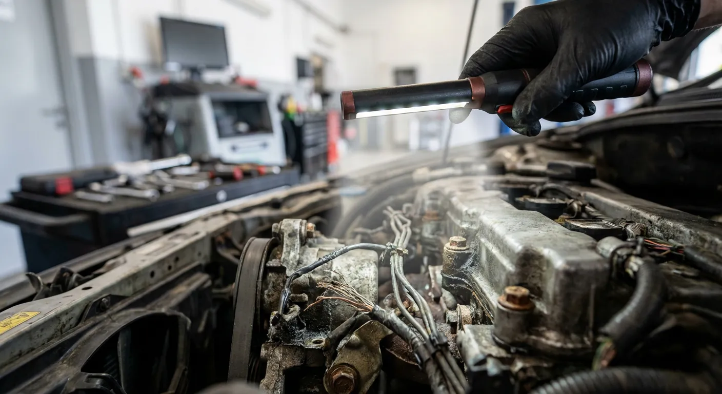 Inspection technique d'un moteur pour identifier des vices cachés sur un véhicule d'occasion.