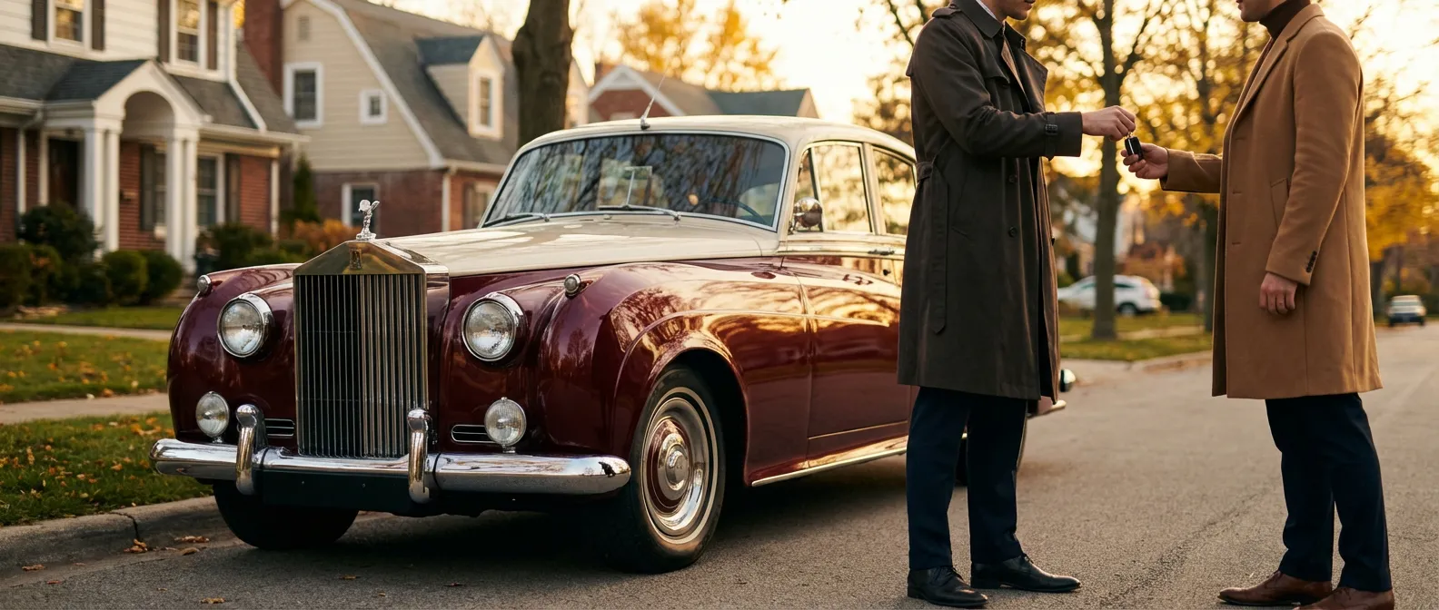 Remise de clés lors d'une vente de voiture d'occasion entre particuliers au coucher du soleil.