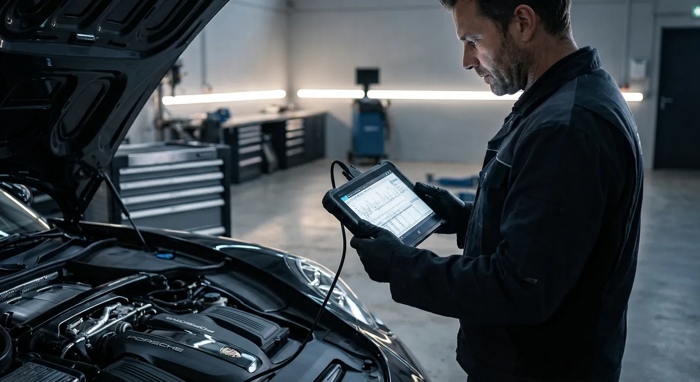 Expert mécanicien effectuant un diagnostic électronique dans un atelier moderne à Cuneo