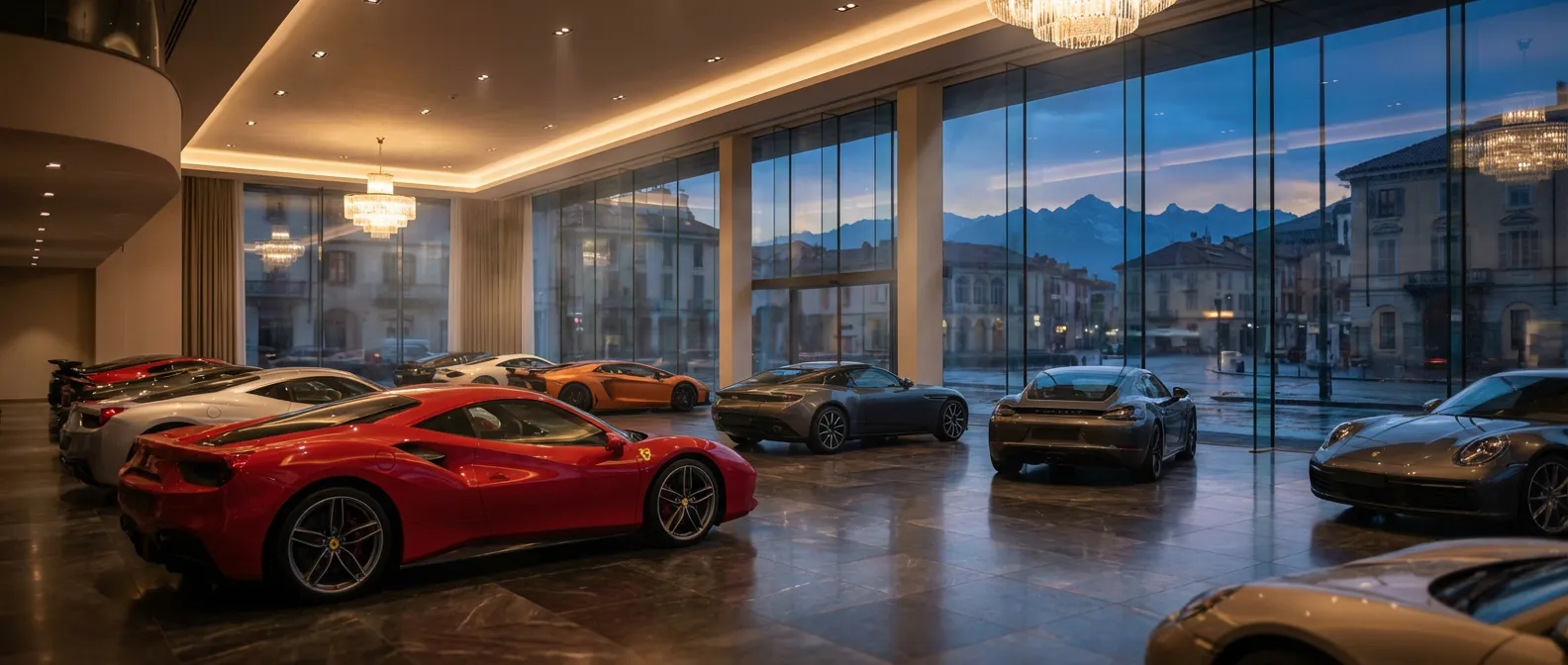 Vue panoramique du showroom de International Auto Srl à Cuneo avec des voitures de luxe sous un éclairage crépusculaire