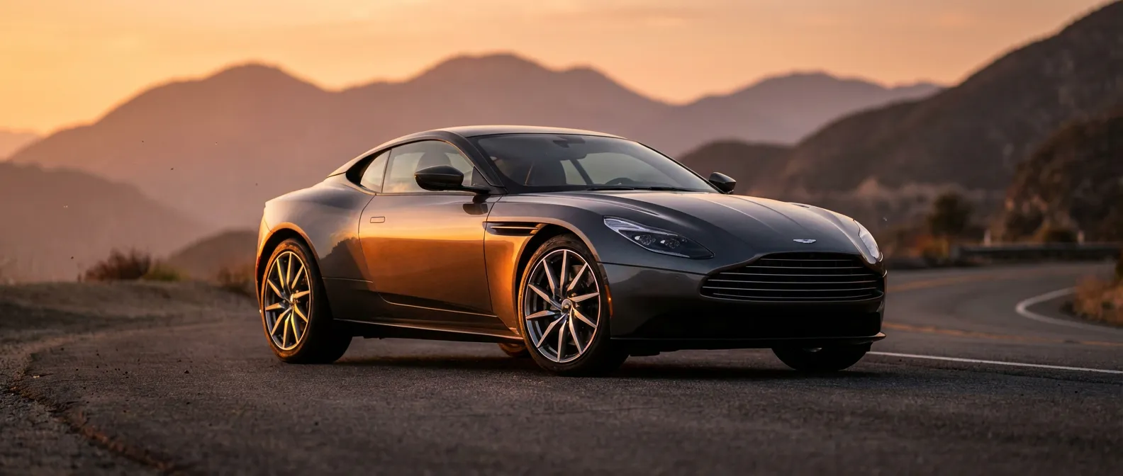 Une voiture de luxe garée sur une route de montagne au coucher du soleil pour illustrer la position P