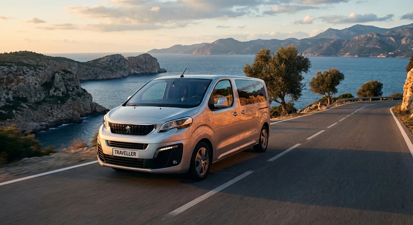 Peugeot Traveller d'occasion roulant sur une route côtière au coucher du soleil