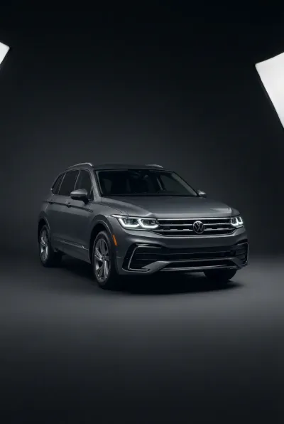 Détail de la face avant de la Volkswagen Tiguan 2024 en studio