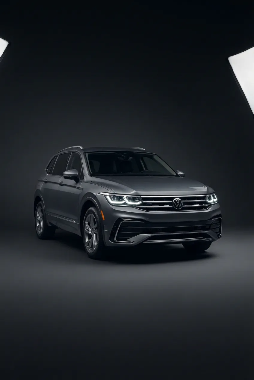 Détail de la face avant de la Volkswagen Tiguan 2024 en studio