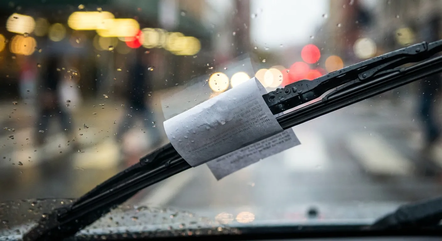 Procès-verbal de contravention sur le pare-brise d'une voiture en ville.