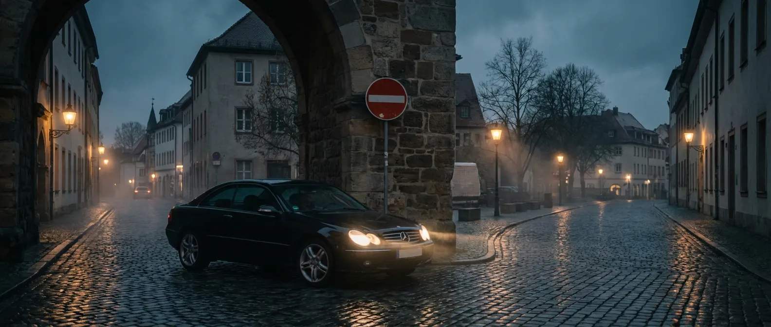 Voiture s'approchant d'un panneau de sens interdit dans une rue urbaine au crépuscule.