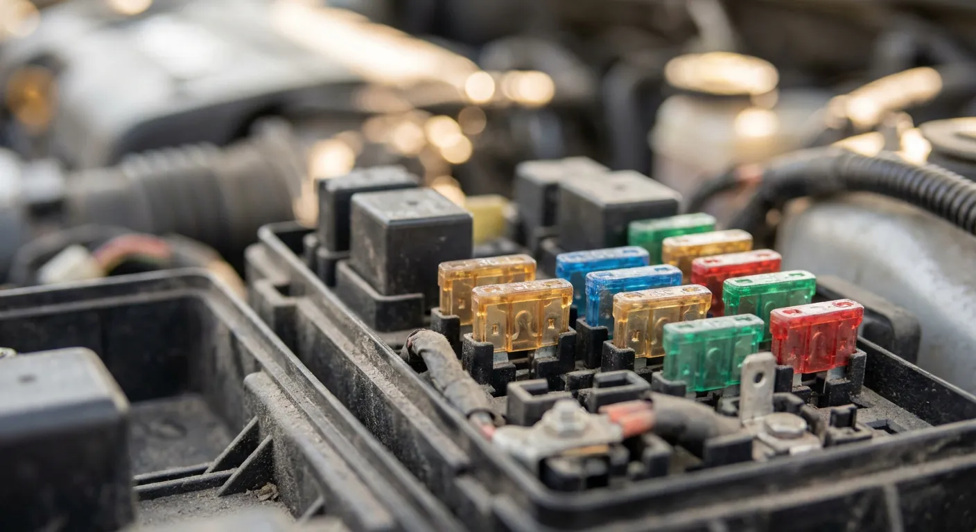 Vue macro d'une boîte à fusibles automobile avec composants colorés
