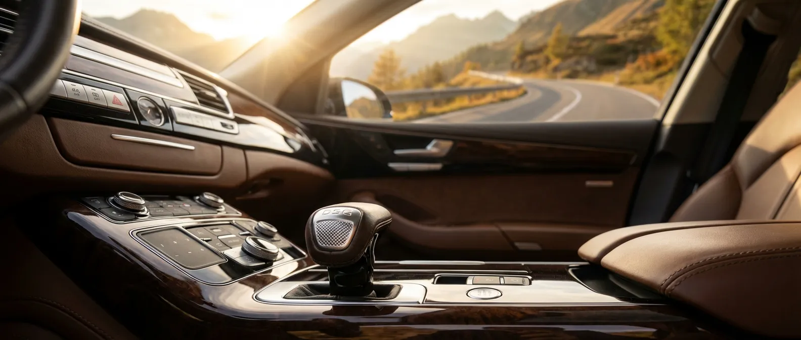 Intérieur de voiture haut de gamme avec levier de vitesse DSG et éclairage cinématographique