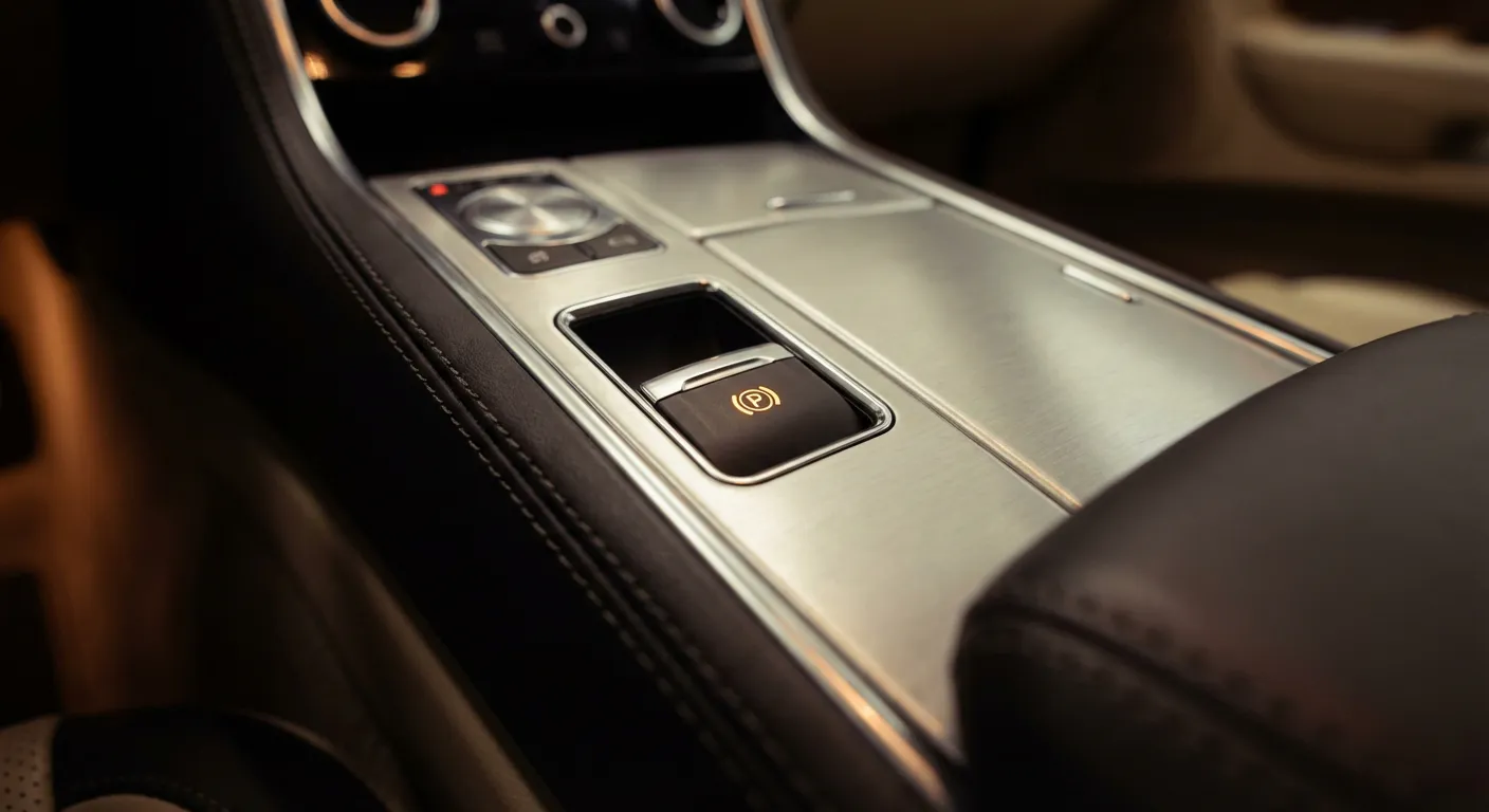 Bouton de frein de stationnement électronique dans l'habitacle d'une voiture de luxe