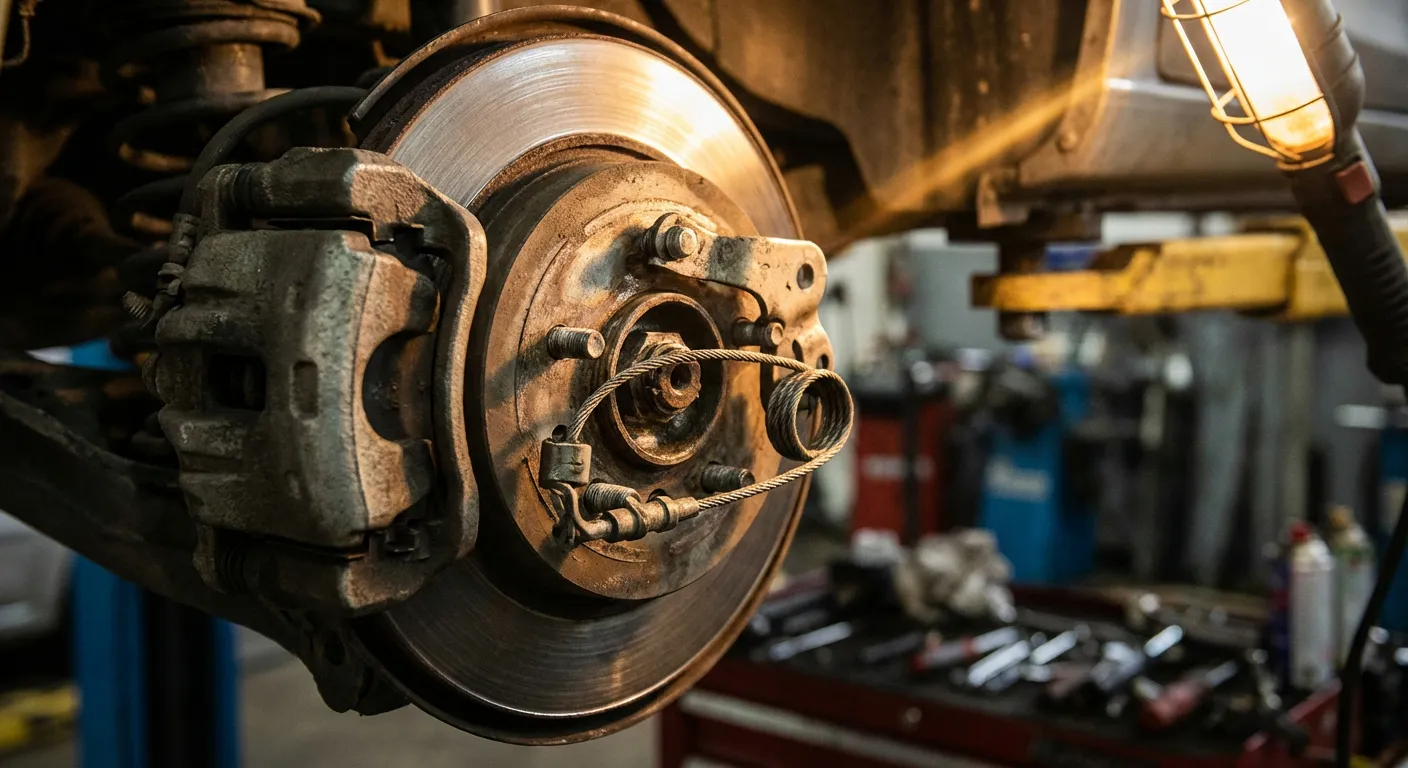 Vue détaillée du mécanisme de frein de stationnement sur un disque de frein