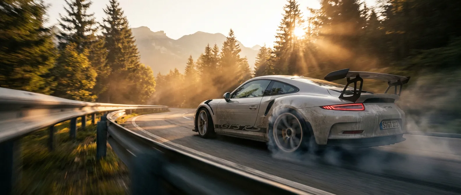 Pneu de voiture haute performance circulant à grande vitesse sur une route de montagne au coucher du soleil