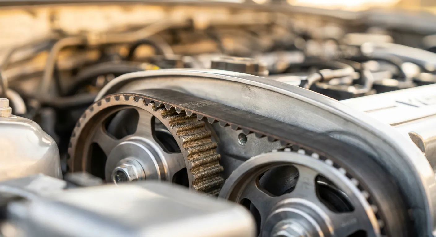 Détail de la courroie de distribution dentée moderne d'un moteur TSI.