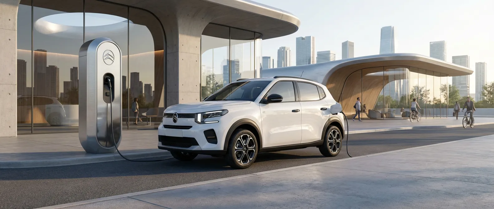 La révolution électrique de la Citroën ë-C3 La nouvelle Citroën ë-C3 électrique à une station de recharge moderne