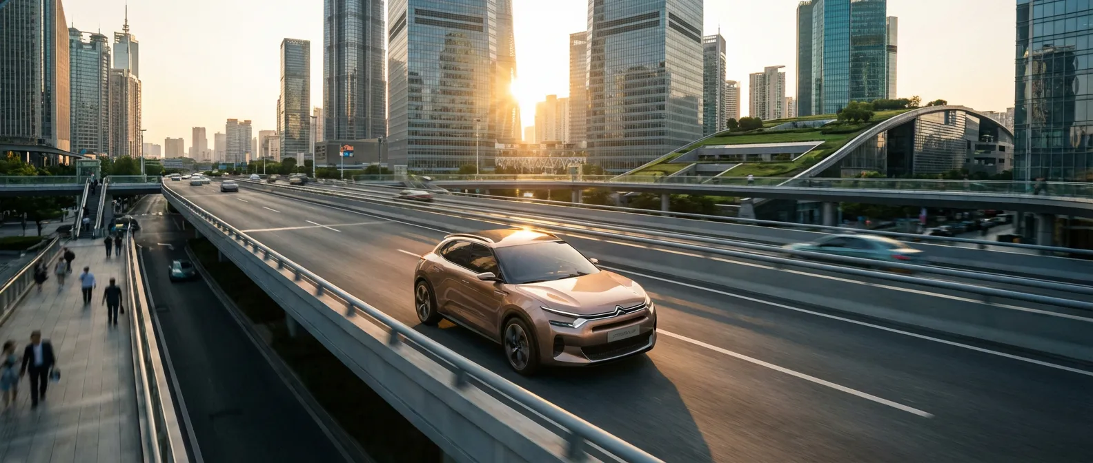 Analyse technique et design du moteur C3 Citroën Vue cinématique d'une Citroën C3 moderne sur une route urbaine au coucher du soleil